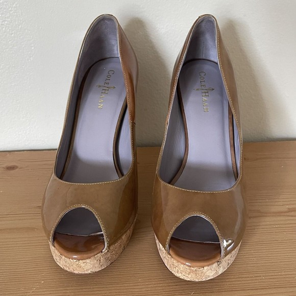 Cole Haan High Heels Pumps Size 9 Nike Air Cork Platform Leather Peep Toe Shoe - Picture 2 of 12